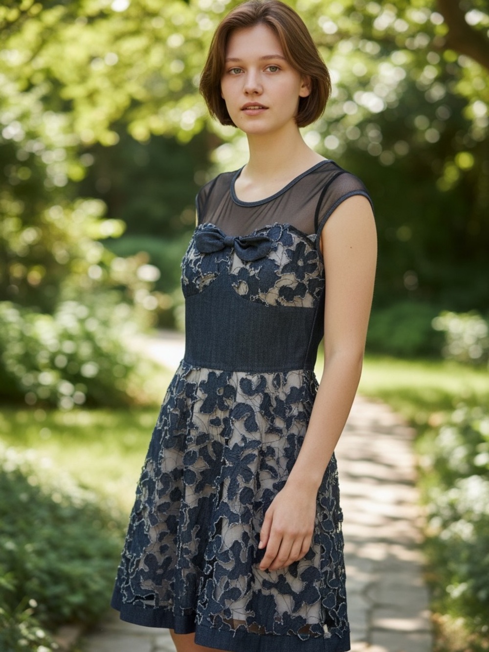 BCBGMaxAzria Navy Floral Appliqué Mesh Fit & Flare Dress